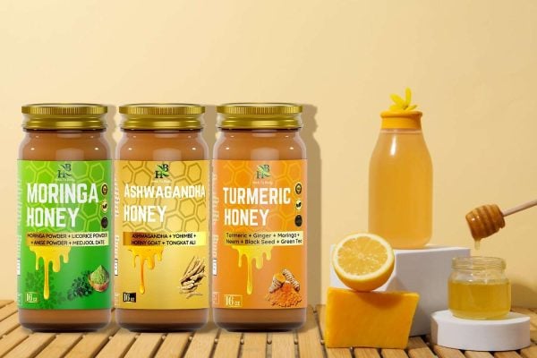 A premium collection of Herbal Honey jars from Herb to Body, infused with turmeric, sea moss, maca, and ashwagandha for natural health benefits.